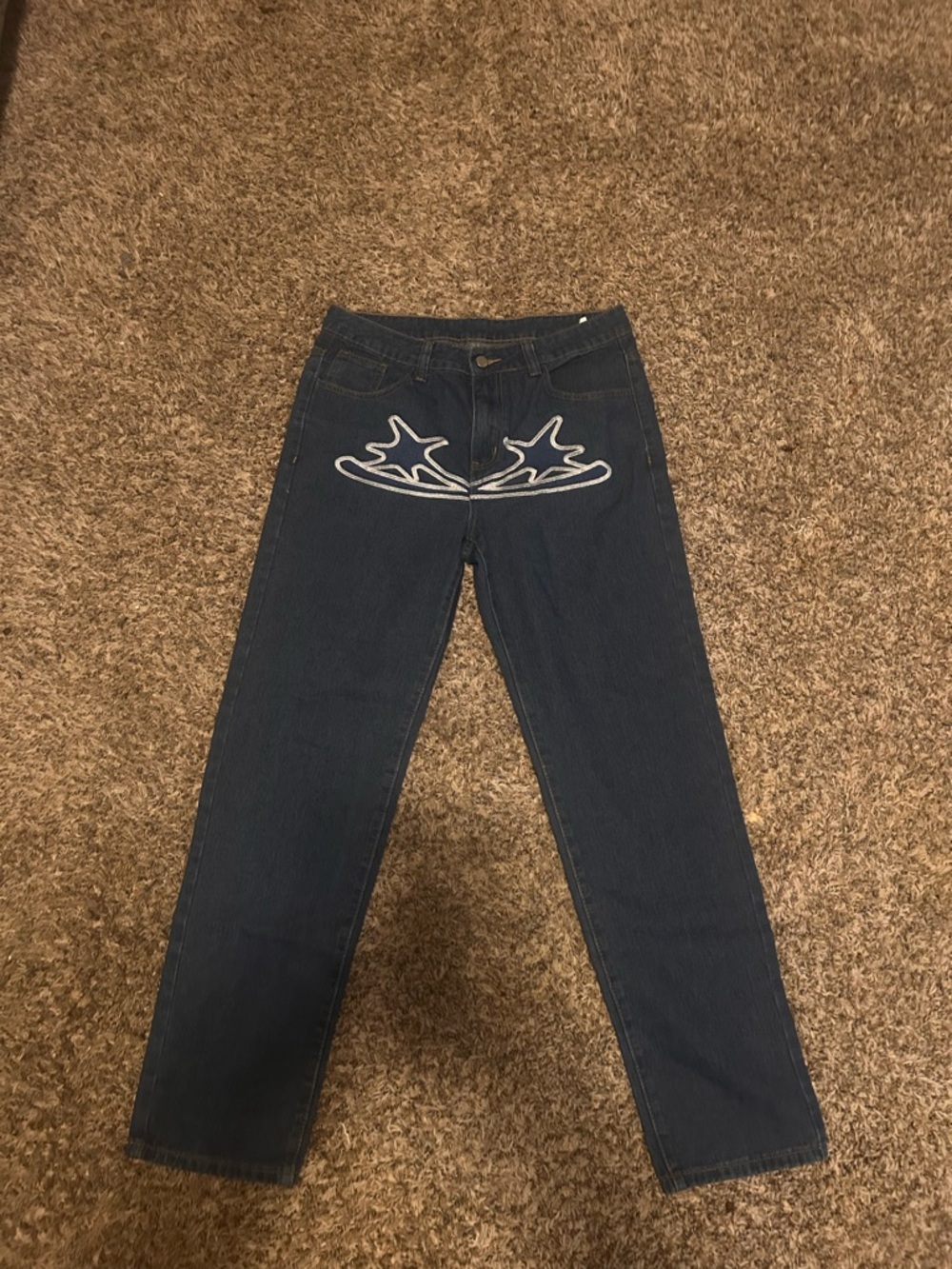Dark Blue Women's Straight-Leg Jeans with Front Embroidery